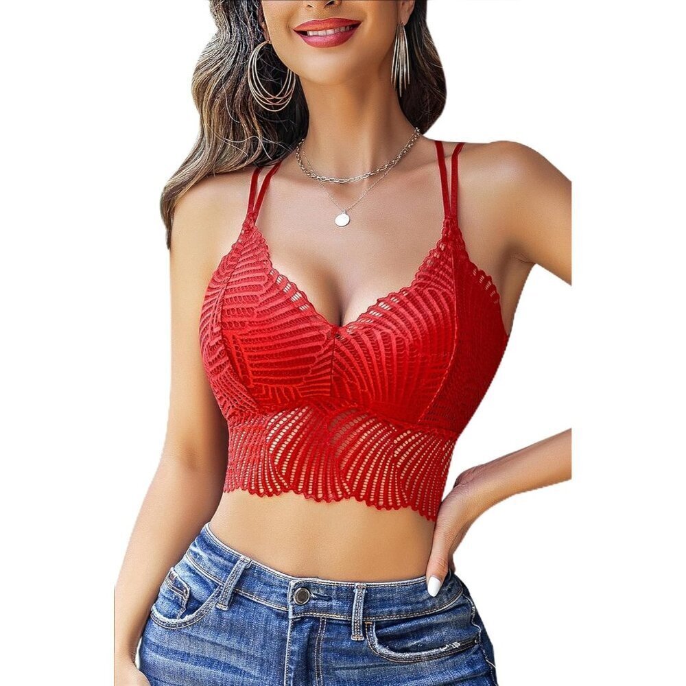 Women's Red Lace Camisoles Double-layered V-neck Sexy Bralettes Crop Top